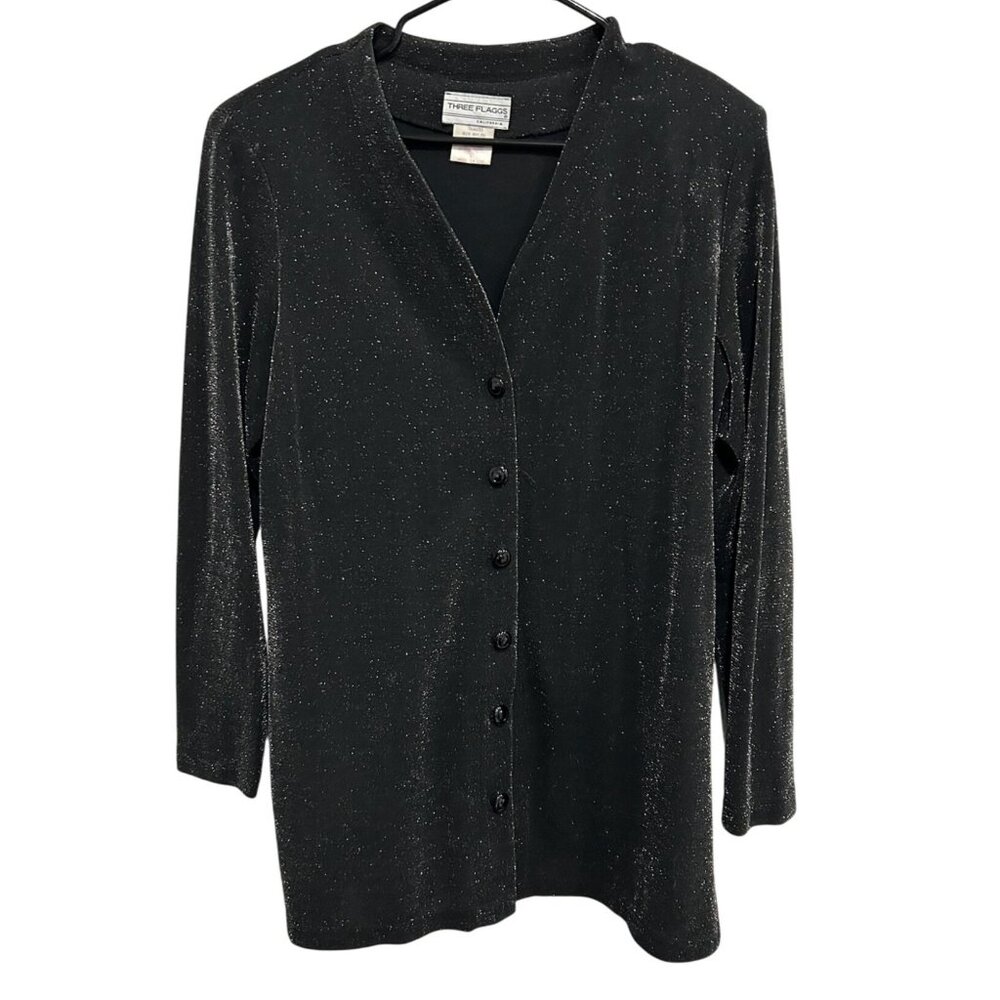 Three Flaggs Black Sparkle Cardigan Metallic Knit Long Sleeve Button-Front Sz L